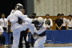 矢野杯争奪日本拳法第27回東日本学生個人選手権大会
赤：級の部　赤：坂田vs白：長島（立正）。長島の胴蹴り（一本）。<br>撮影：Inno